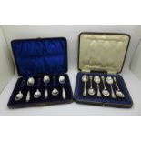 Two sets of six silver spoons, cased, 139g
