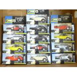 Thirteen Classic Car die-cast metal and plastic vehicles, boxed