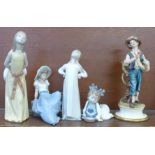 Four Lladro/Nao figures and a Capodimonte figure of a fruit seller, ?Girl with Hands Akimbo? (Lladro