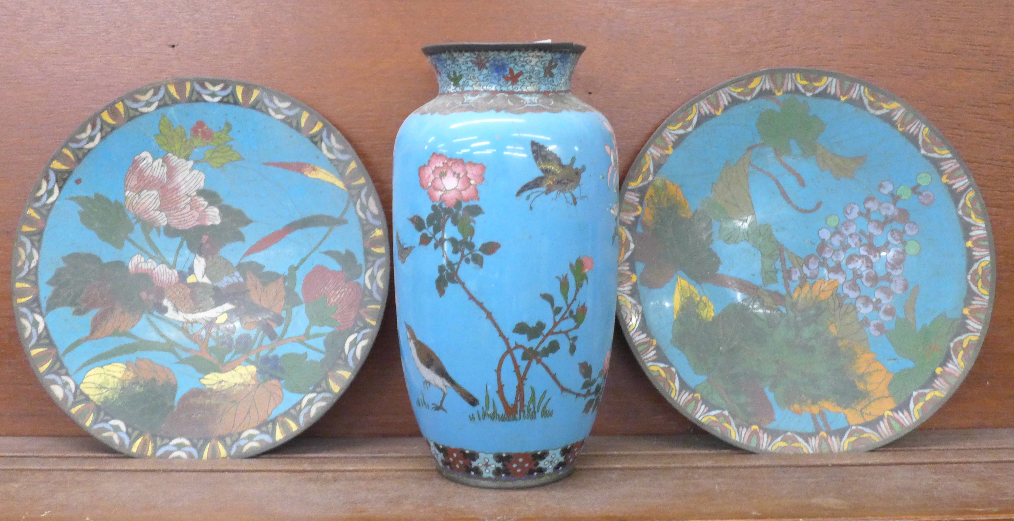 A cloisonne vase, 31cm and two cloisonne chargers, 30.5cm, all a/f