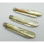 Three Victorian silver and mother of pearl fruit knives
