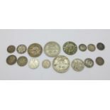 A collection of sixteen coins, mainly George V including South Africa and New Zealand and a