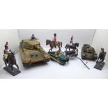 Metal military themed model soldiers, horses and two models of tanks