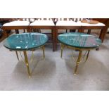 A pair of Italian brass and faux green marble circular occasional tables