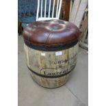 A coopered oak barrel stool with leather top