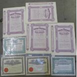 1960's share certificates, four The South-Eastern Gold Mining Company Limited and four American