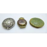 A shagreen compact, a plated compact and one other brass and copper hinged box or compact