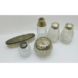 Six silver topped glass items, a/f