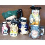 A large Royal Doulton character mug, Dick Turpin, five Toby jugs including large Happy John,
