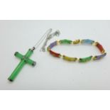 A 925 silver gilt and coloured stone bracelet and a 925 silver mounted cross pendant and chain