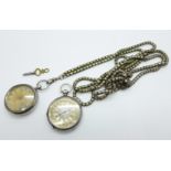 Two silver fob watches including one by Benson, glass a/f, and a guard chain