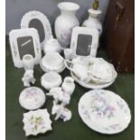A collection of Aynsley china including a table lamp base, a vase, three photograph frames, etc.