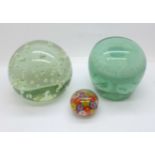 Two glass dumps and a glass paperweight