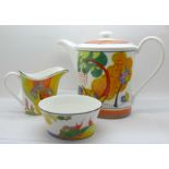 Wedgwood Clarice Cliff The Connoisseur Collection Cafe Chic; coffee pot, milk jug and sugar bowl,