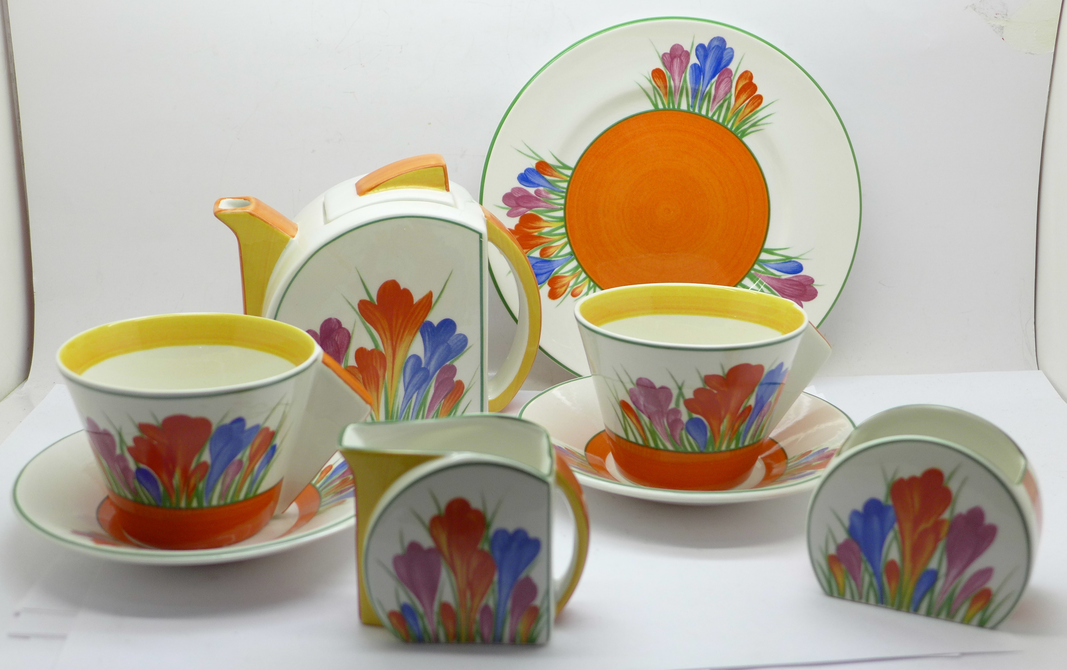 Wedgwood Clarice Cliff 'Tea For Two', one Crocus milk jug, sugar bowl and toast plate, one Crocus