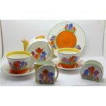 Wedgwood Clarice Cliff 'Tea For Two', one Crocus milk jug, sugar bowl and toast plate, one Crocus