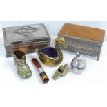 A white metal jewellery casket, one other plated box, pin cushion, silver and amber cheroot