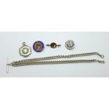 A silver double Albert chain, one clip marked sterling, three silver badges and a silver fob,