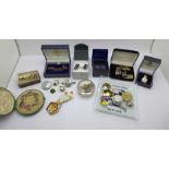 Cufflinks including Concorde, a mother of pearl button set, military and other badges, etc.