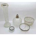 Five silver mounted glass items including a vase and two bowls, (globular scent lacking top)