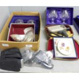 A pair of Edinburgh Crystal brandy glasses, boxed, x2, a Royal Worcester butter spreader and tray, a