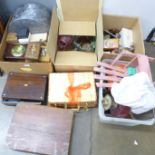 A microscope, a box of Christmas decoration, three albums of early 20th Century photographs, oil