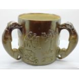 A salt glaze three handled hunting mug, 16cm, a/f (cracked)