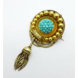 A Victorian yellow metal and turquoise set memorial brooch with tassel drop, tests as 15ct gold,