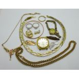 Jewellery including two necklaces, a plated Albert chain and two wristwatches, etc., (three single