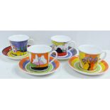 Four Wedgwood Clarice Cliff Cafe Noir cups and saucers with spoons, limited edition, with