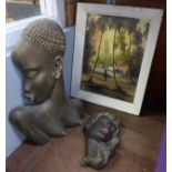 Two wall plaques, figures of ladies and an oil on canvas, African village, signed