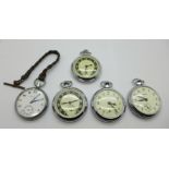 Five pocket watches, one lacking button