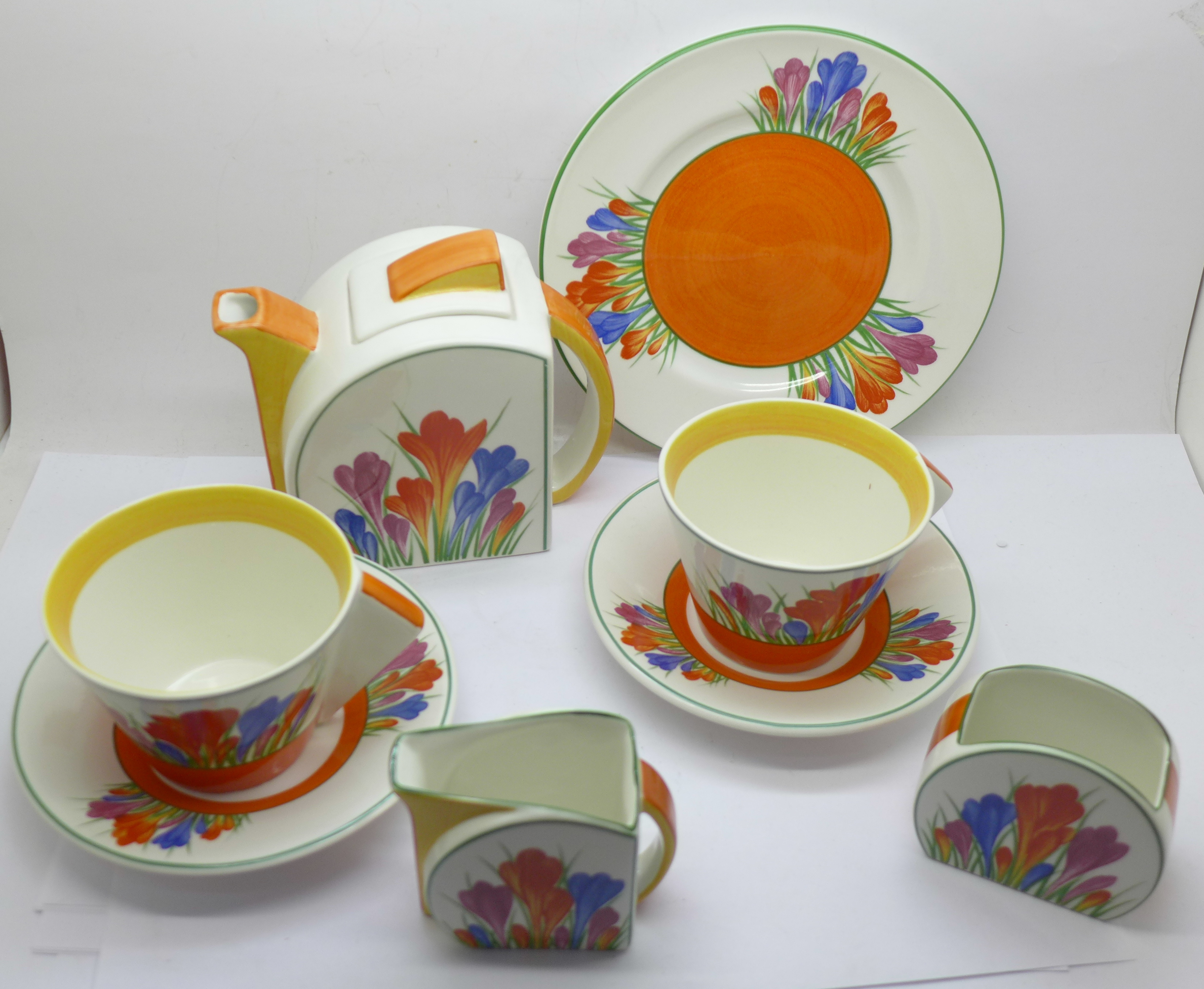 Wedgwood Clarice Cliff 'Tea For Two', one Crocus milk jug, sugar bowl and toast plate, one Crocus - Image 2 of 7