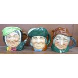 Three Royal Doulton large character jugs, Sairey Gamp, Toby Philpots and Uncle Tom Cobbleigh, two