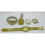 Five wristwatches, Seiko quartz, Tegra automatic, Ingersoll, Roamer a/f and Lucerna