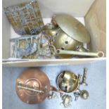 A collection of brassware and copper including a replica Viking helmet lacking liner **PLEASE NOTE