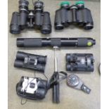 A collection of binoculars and a monocular, (6)