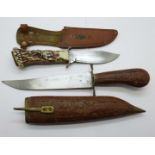 A German hunting knife, the blade marked 'Decora-Solingen, made in Germany, D.B.G.M.', leather