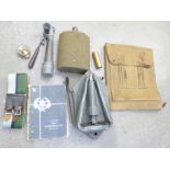 Assorted military items; trench spade, periscope, belt, canvas pouch, etc.