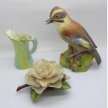 A Royal Worcester jay, camellia and small jug