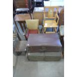 A vintage travel trunk and one other, a beech metamorphic high chair and one other