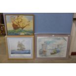 * Yang, harbour landscape, watercolour, a signed Geoff Hunting limited edition print and an oil