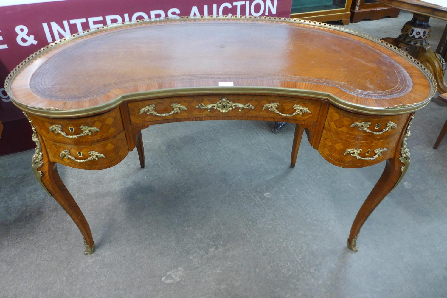 A French Louis XV style parquetry inlaid kingwood and ormolu mounted kidney shaped writing table - Image 2 of 2