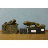 Two bronze figures of erotic female nudes, on black marble socles