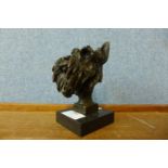 A small bronze Scottish terrier bust, on black marble socle