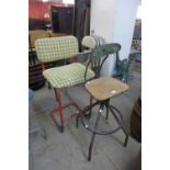 An industrial machinist's chair and a tubular steel high chair