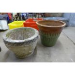 A terracotta glazed planter and a concrete planter, a/f