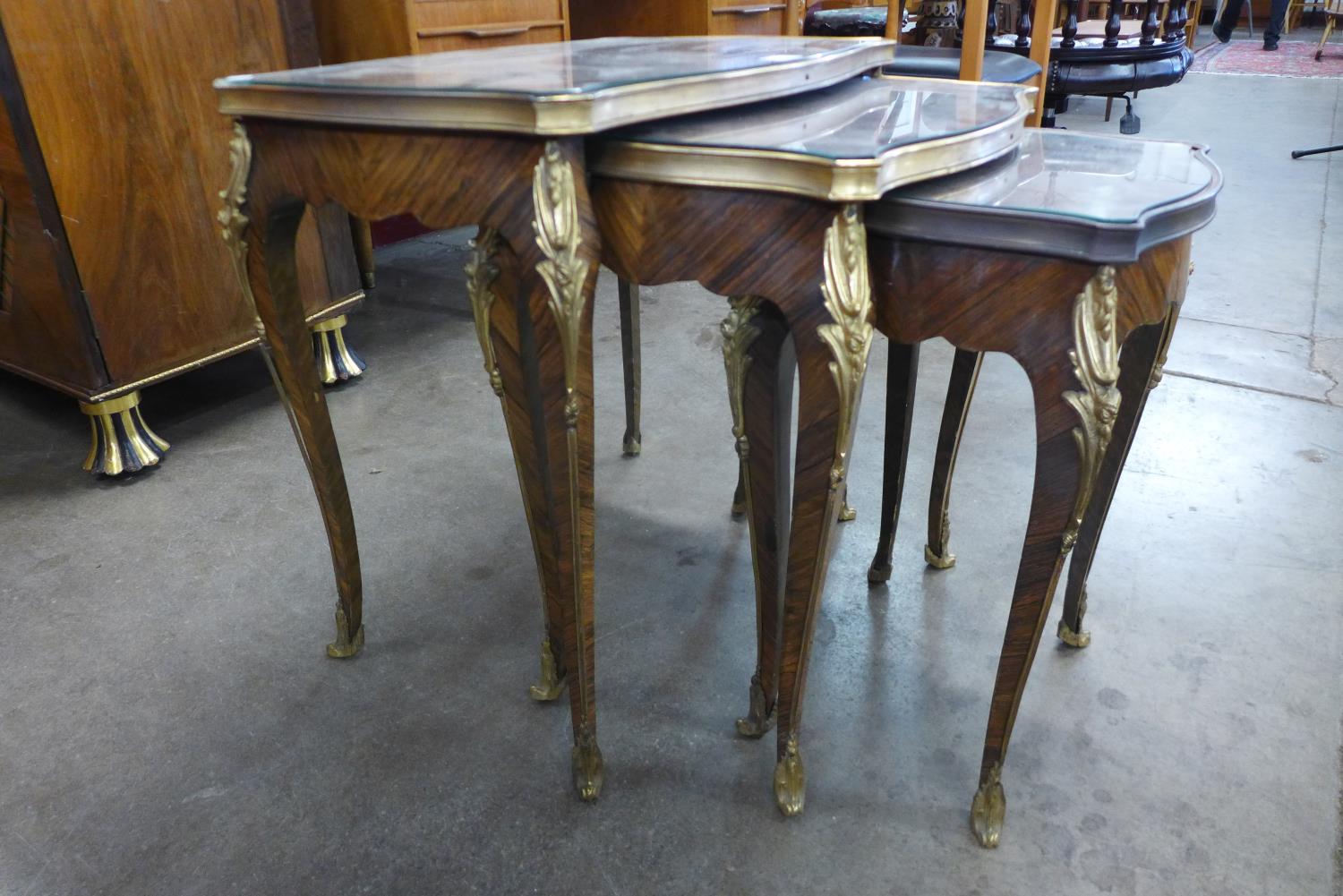 A French Louis XV style parquetry inlaid rosewood and ormolu mounted nest of tables - Image 3 of 3