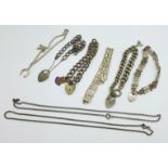 A collection of six silver bracelets and two chains, 110g