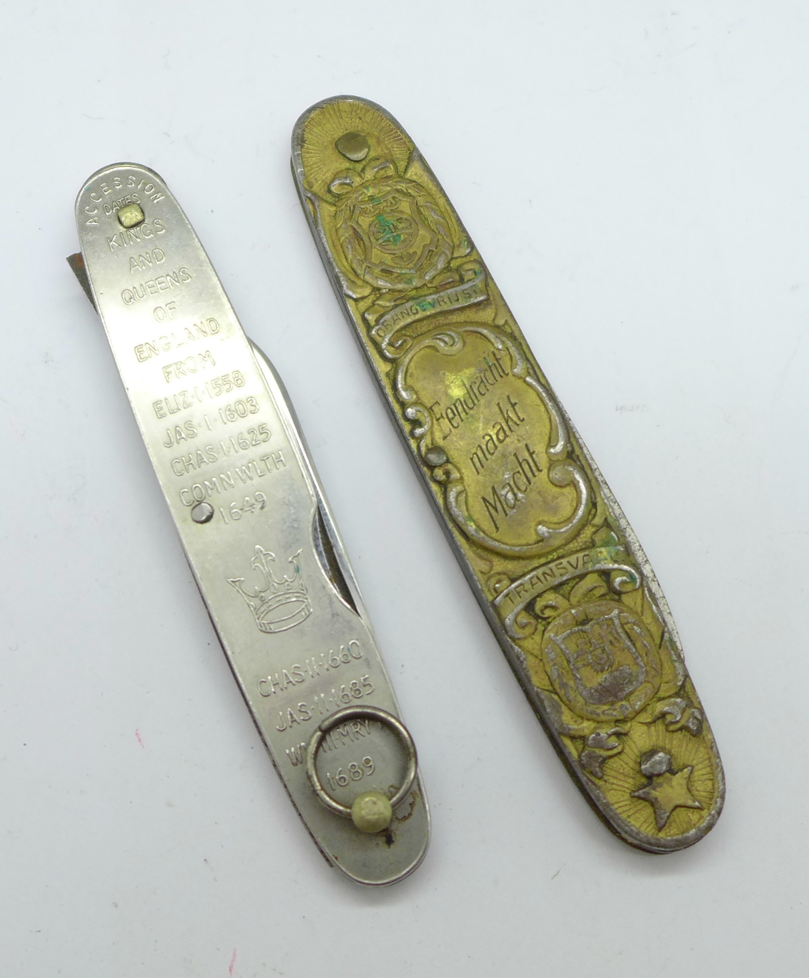 Two penknives, one South African and one with Accession dates of Monarchs